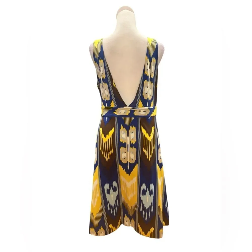 Tory Burch Silk Dress Southwestern Aztec Jersey Blue Yellow Sleeveless Medium